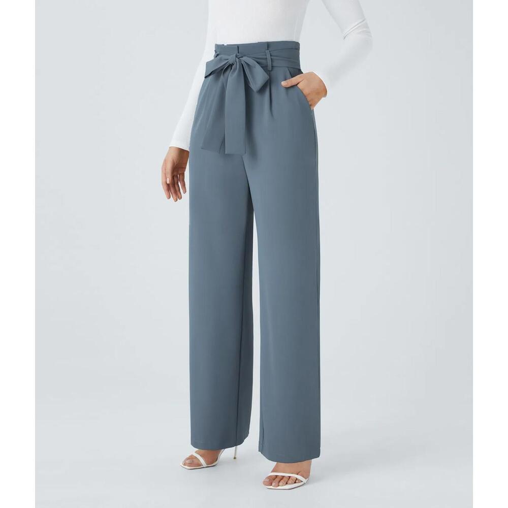 NWT Halara High Waisted Belted Pocket Wide Leg Work Pants Deep Sea Gray Blue XL - Picture 10 of 13
